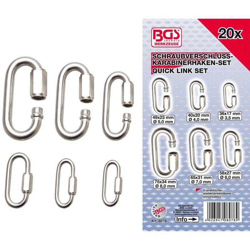 Bgs Technic - ASSORTIMENT DE MAILLONS RAPIDES MOUSQUETONS DE 3.5 a 8 Mm