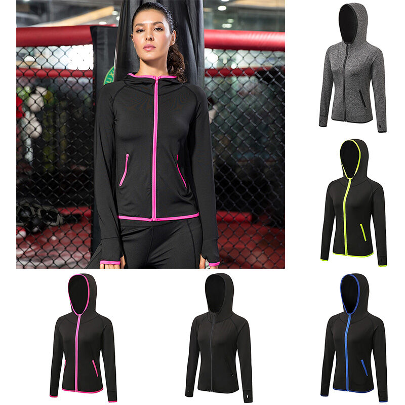 Veste De Sport Pour Femme, Poches Laterales a Capuche a Manches Longues, Tres Extensible Et a Sechage Rapide, Rose Rouge, Taille Xl