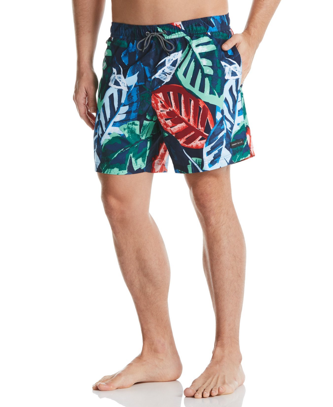 Perry Ellis Men's Large Palm Print Swim Short in Dark Sapphire/Blue, Size XL, 100% Polyester, Tropical, Volley