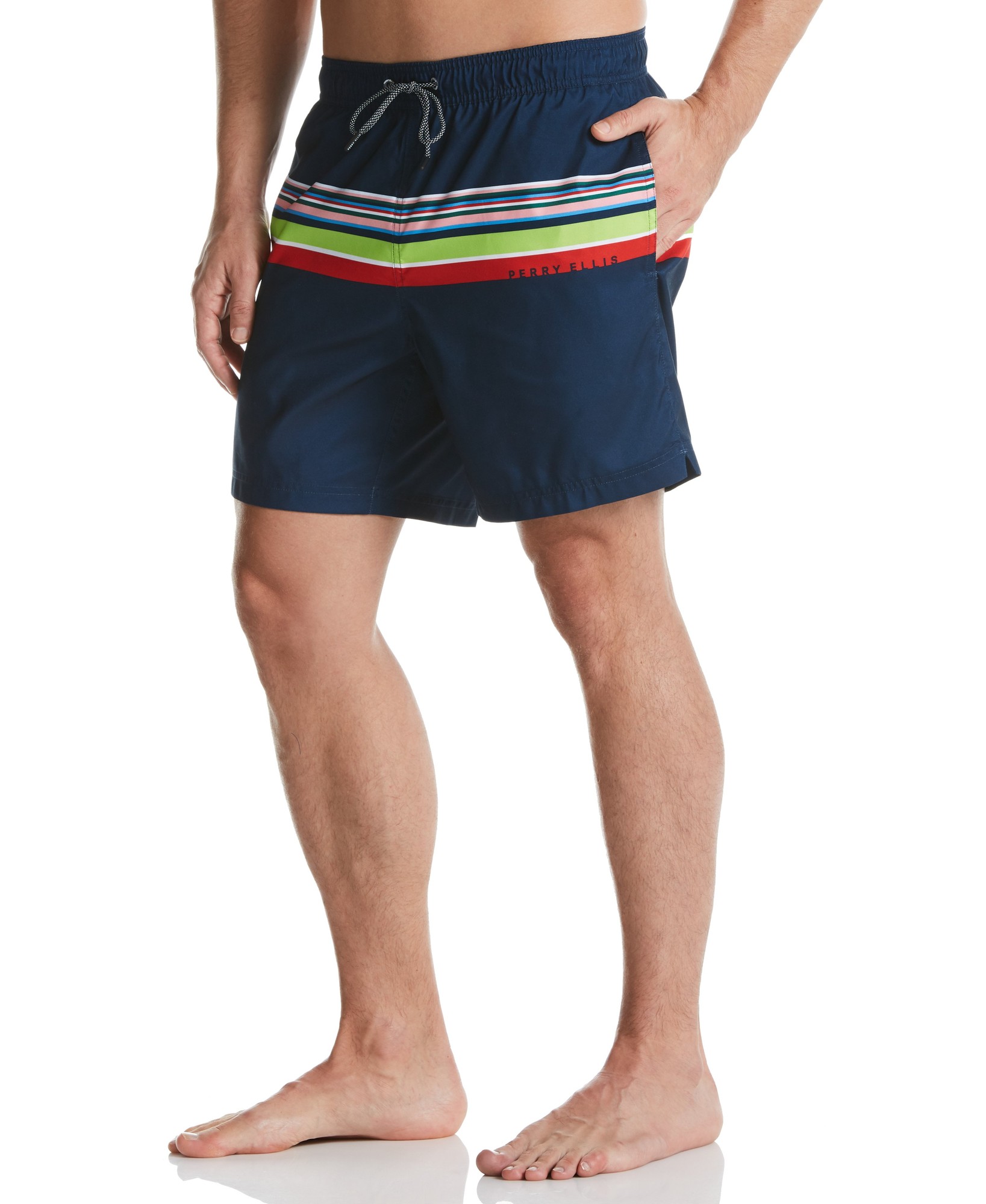 Perry Ellis Men's Stripe Swim Short in Ink/Blue, Size 2XL, 100% Polyester, Volley