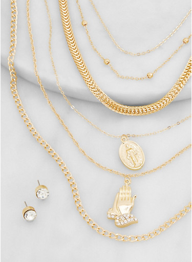 Religious Charm Layered Necklace and Stud Earrings Set in Gold