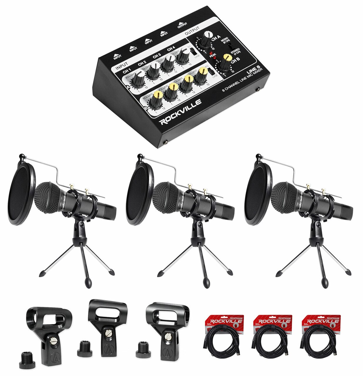 (3) Audio Technica ATM510 Microphones+Cables+Desk Stands+Pop Filters+Mic Mixer