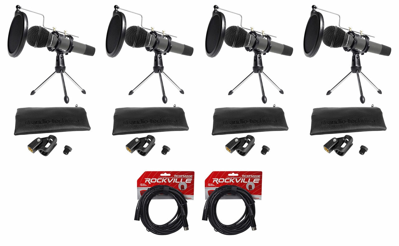(4) Audio Technica Dynamic Podcasting Podcast Microphones+Stands+Pop Filters