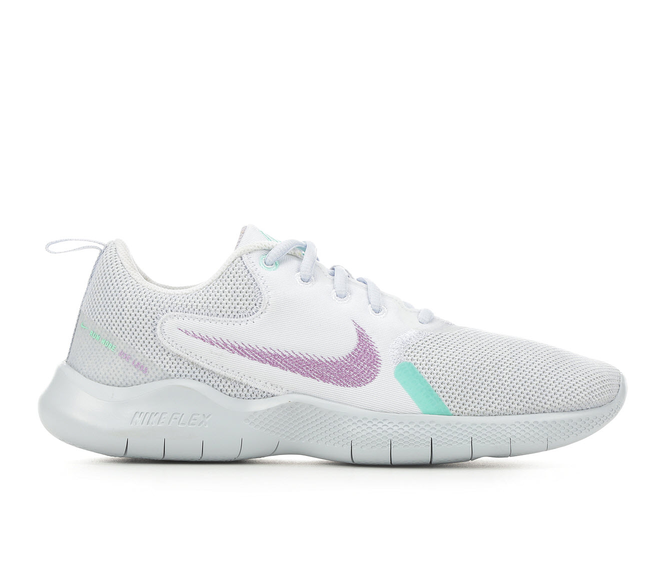 Nike WMNS Flex Experience Run 10 'White Violet Shock' Womens White/Purple/Green/Gray/Purple/Whitegold Training Shoes CI9964-101 (Size: US 5)