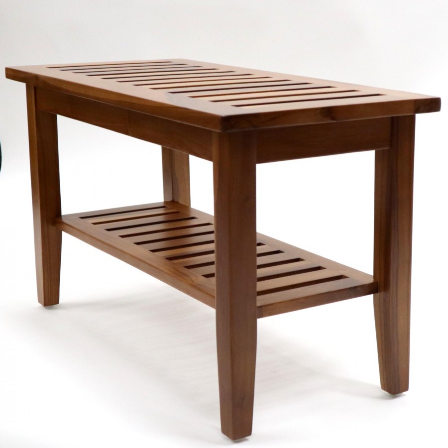 Genuine Teak Entry Way 30 Inch Wide Bench  Natural Woodgrain Finish