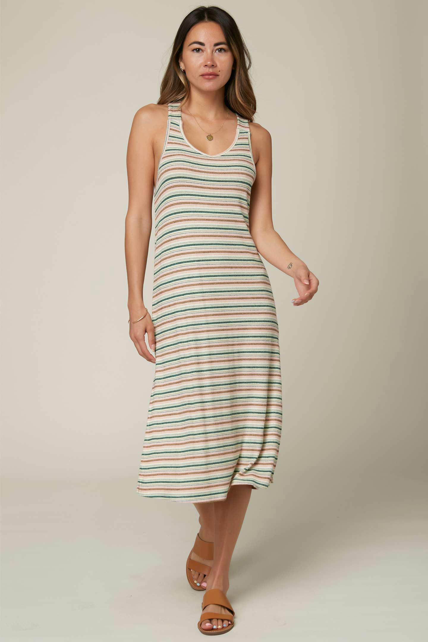 O'Neill Women's Casual Dresses MUL - Oat & Mint Stripe Knit Side-Slit Acquaria Sleeveless MIDI Dress - Women & Juniors