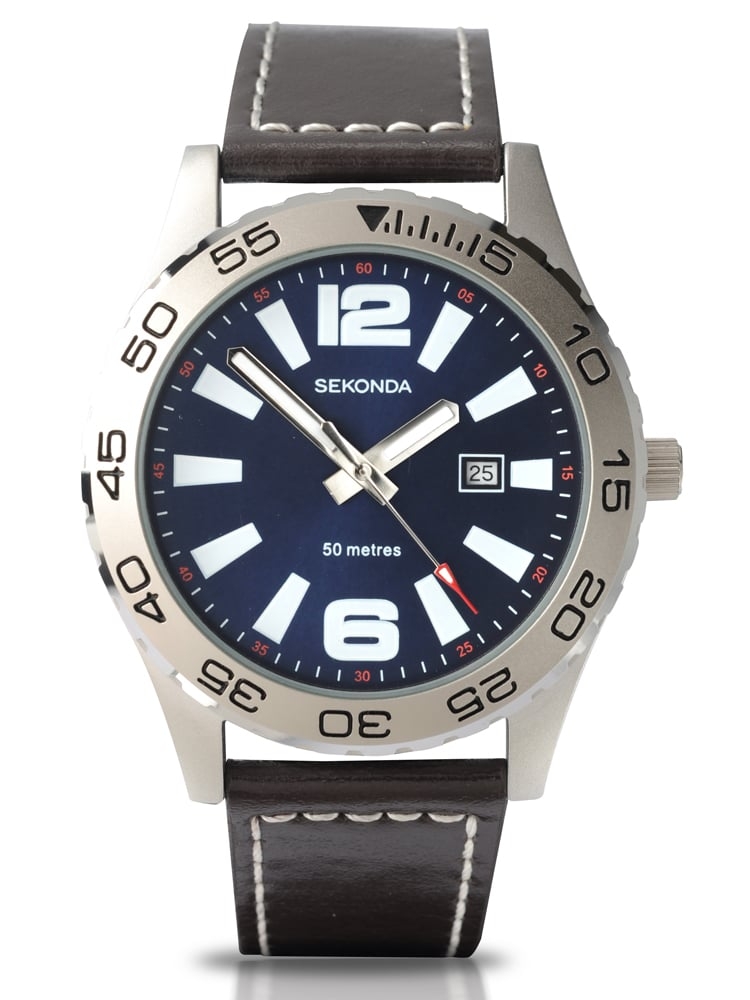 Sekonda Mens Blue Dial Black Leather Strap Watch 3252