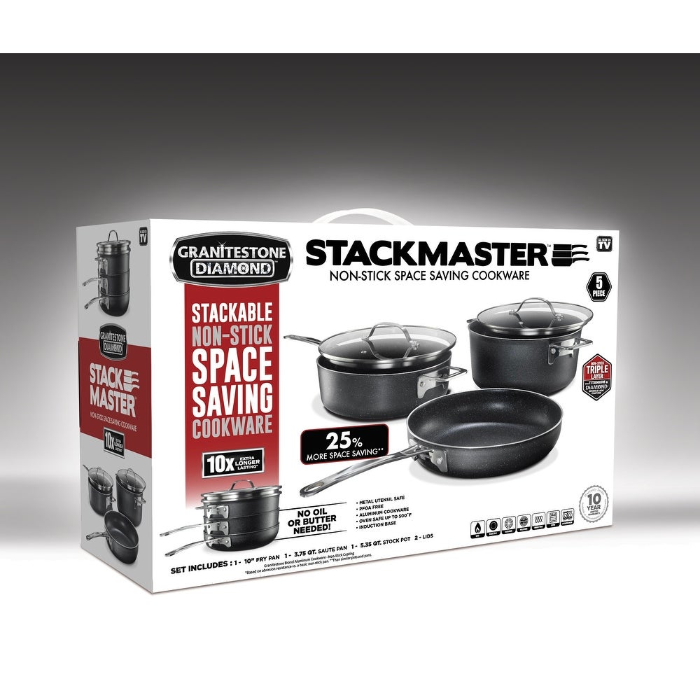 Granitestone 10  Stackmaster 5 Piece Nonstick Pots and Pans Set  Stackable Aluminum Cookware Set  Non Stick