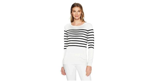 Amazon Essentials Women's Long-Sleeve Lightweight Crewneck Sweater Available in Plus Size  Black White Placed Stripe  Large