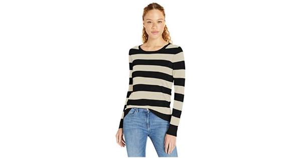 Amazon Essentials Women's Long-Sleeve Lightweight Crewneck Sweater Available in Plus Size  Black Oatmeal Heather Rugby Stripe  Large