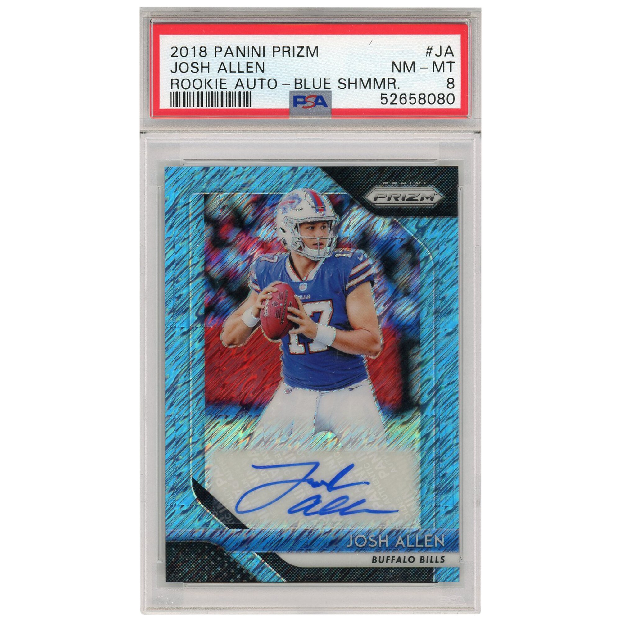 Josh Allen Buffalo Bills Autographed 2018 Panini Prizm Blue Shimmer Rookie _Number_JA _Number_15_25 Card - PSA 8 thumbnail