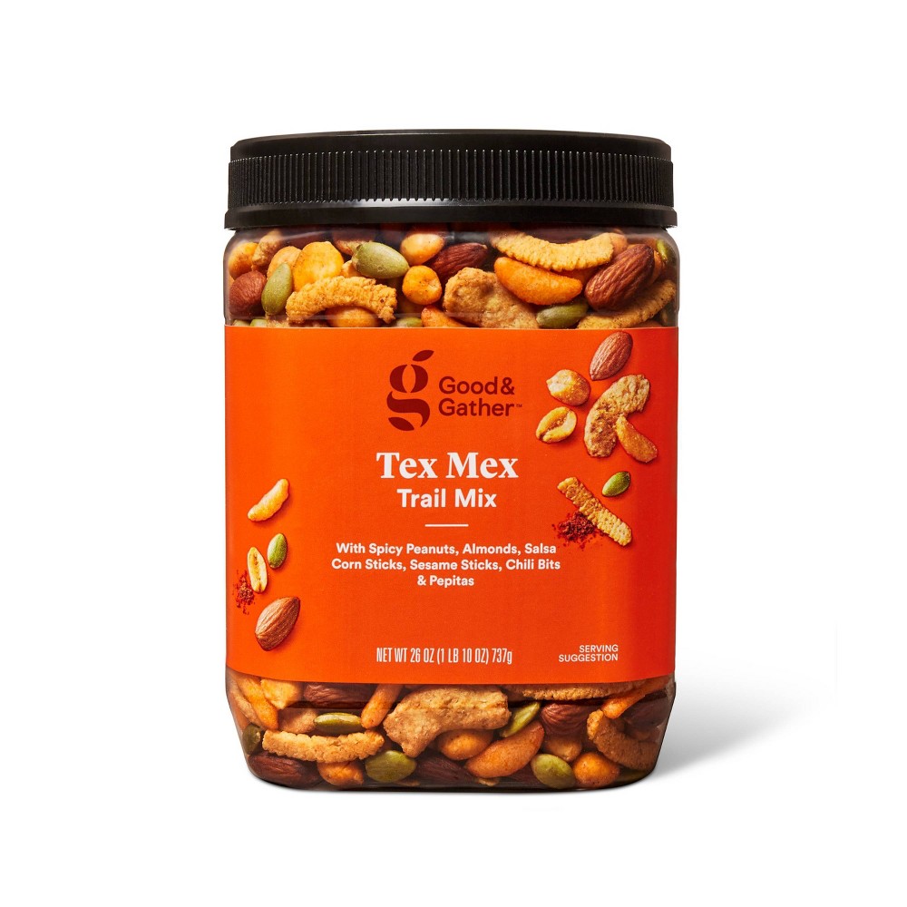 TEX MEX TRAIL MIX WITH SPICY PEANUTS, ALMONDS, SALSA CORN STICKS, SESAME STICKS, CHILI BITS & PEPITAS, TEX MEX