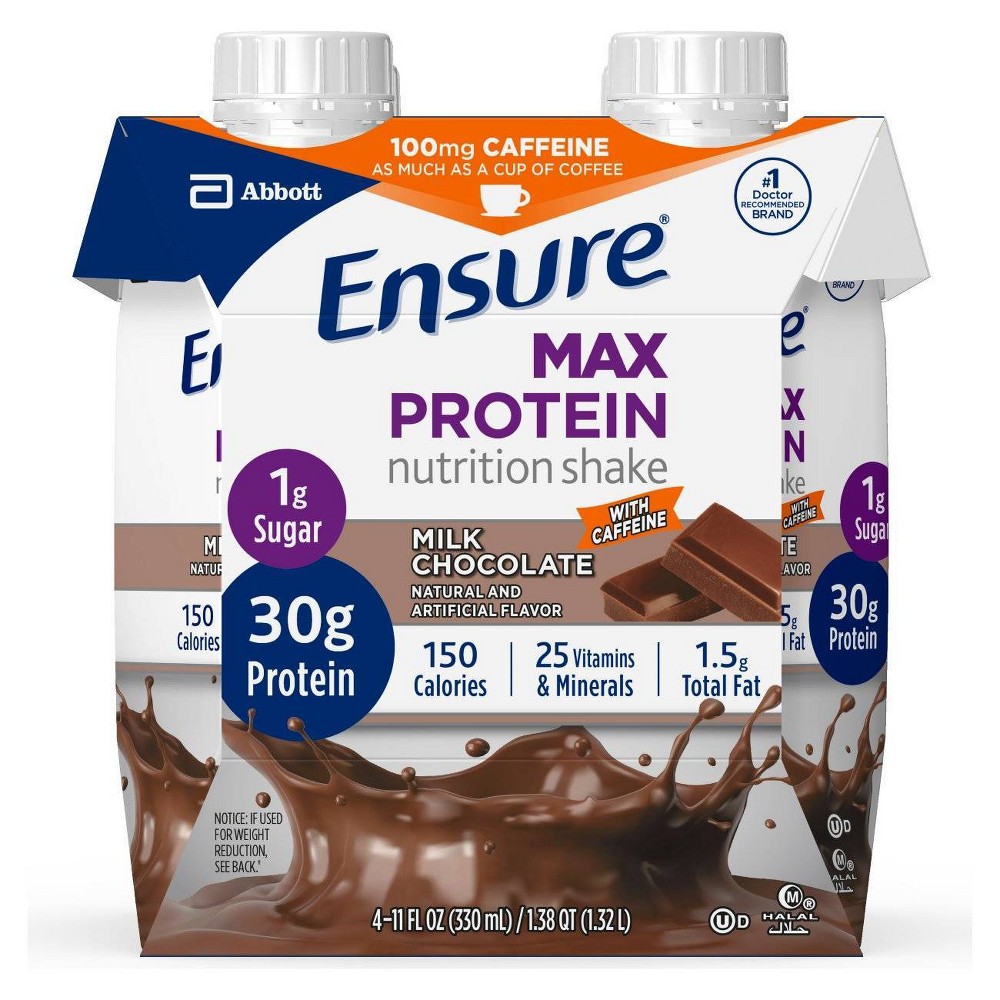 Ensure Max Protein Nutrition Shake Milk Chocolate Caffeinated - 30g Protein - 11 Fl Oz/4pk: Gluten-Free, Halal, Kosher