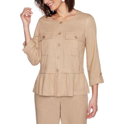 Ruby Rd Raffia Women's Golden Hour Pleated Solid Laundered Linen Button-Front Top