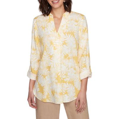 Ruby Rd Maize Multi Women's Golden Hour Tossed Tropical Palm Leaf Printed Laundered Linen Top
