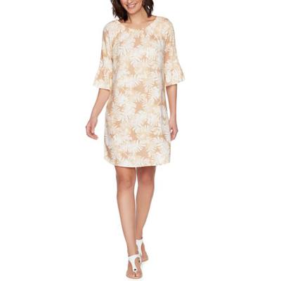 Ruby Rd Rafimul Women's Golden Hour Tossed Tropical Palm Leaf Printed Laundered Linen Dress