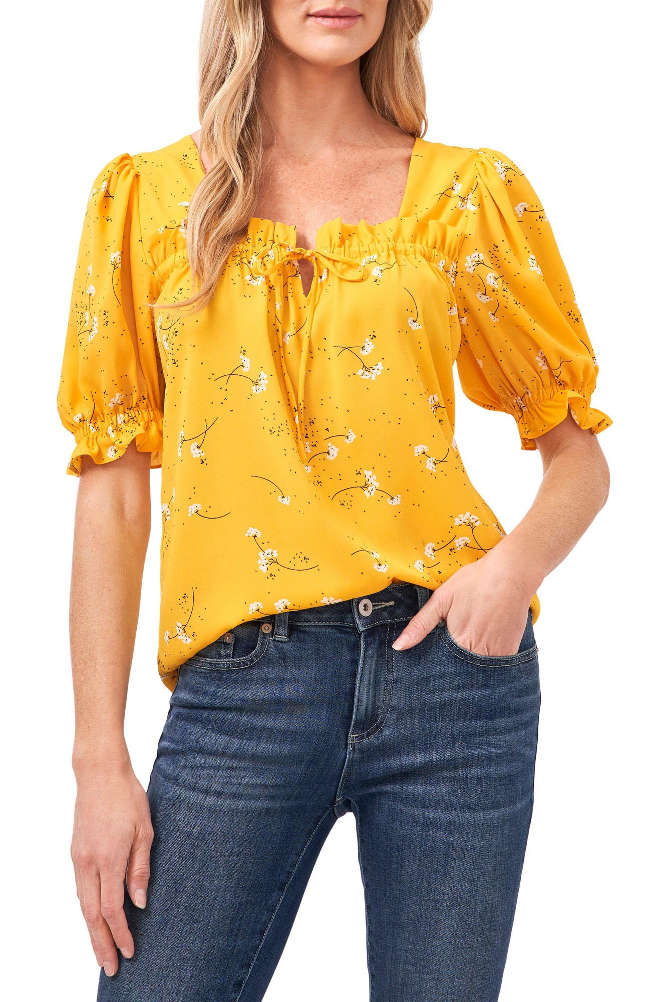 CeCe Tie Neck Puff Sleeve Top, Size Medium in Golden Hour at Nordstrom