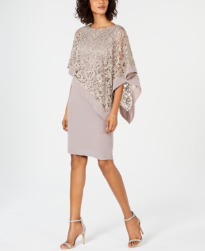 R&M RICHARDS Womens Beige Sequined Capelet Jewel Neck Knee Length Evening Body Con Dress 18