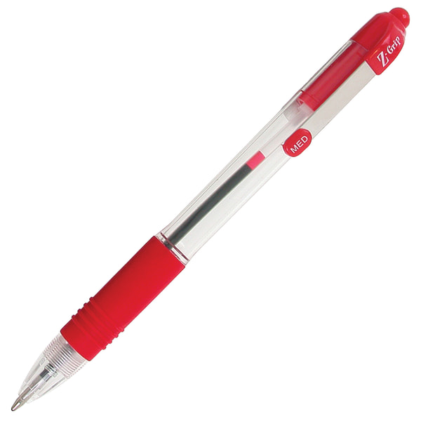 Zebra Pen Z-Grip Retractable Ballpoint Pens, Pack of 12, Medium Point, 1.0 Mm, Clear Barrel, Red Ink