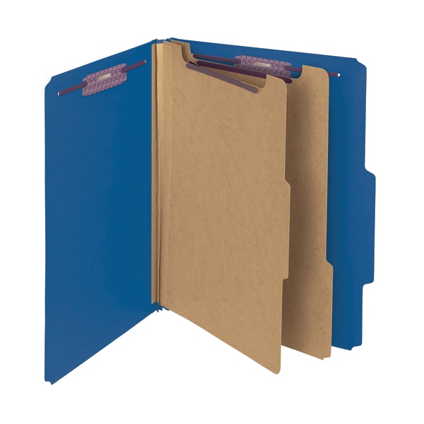 smead pressboard classification folders with safeshield coated fasteners, letter size, 100% recycled, dark blue, box of 10