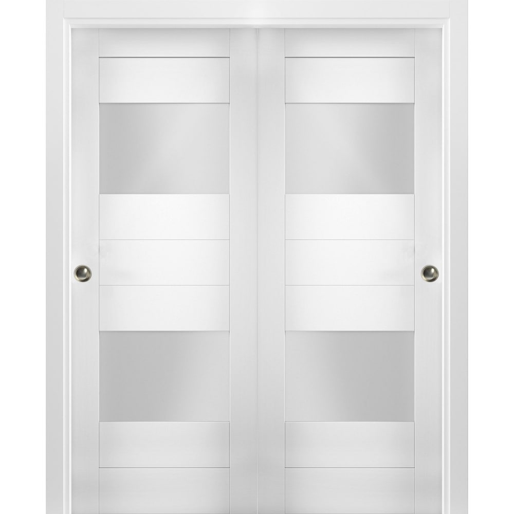 Sliding Closet Opaque Glass 2 Lites Bypass Doors 56 X 80 Inches / Sete 6222 White Silk / Rails Hardware Set / Wood Solid Bedroom Wardrobe Doors