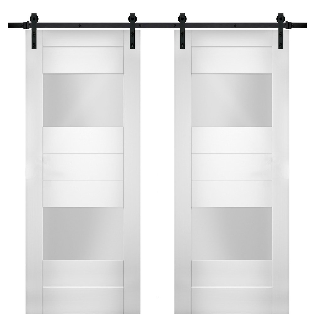 Modern Double Barn Door with Opaque Glass 2 Lites / Sete 6222 White Silk / 13FT Rail Track Set / Solid Panel Interior Doors
