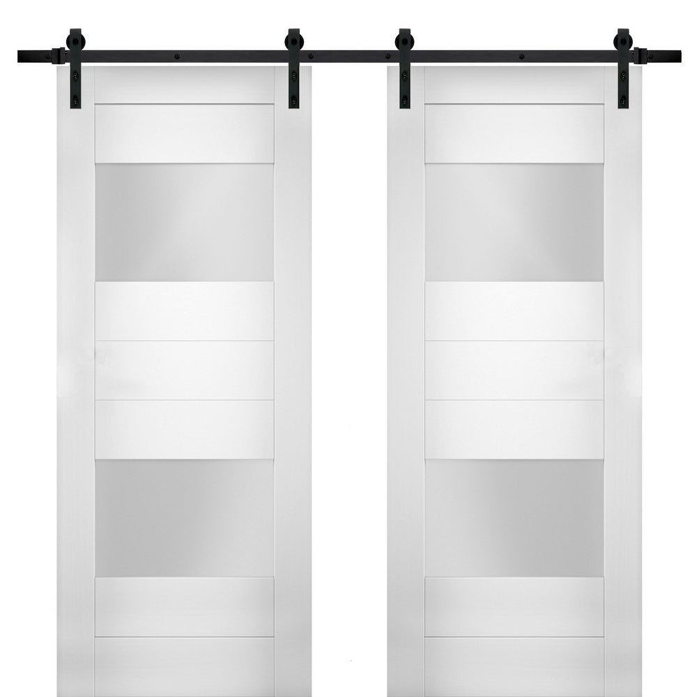 Modern Double Barn Door 36 X 96 Inches with Opaque Glass 2 Lites / Sete 6222 White Silk / 13FT Rail Track Set / Solid Panel Interior Doors