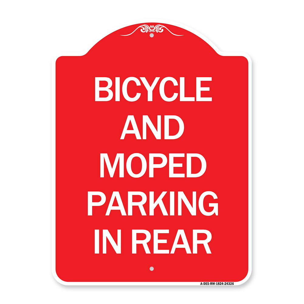 Bicycle and Moped Parking in Rear, Red & White Aluminum Architectural Sign, 18