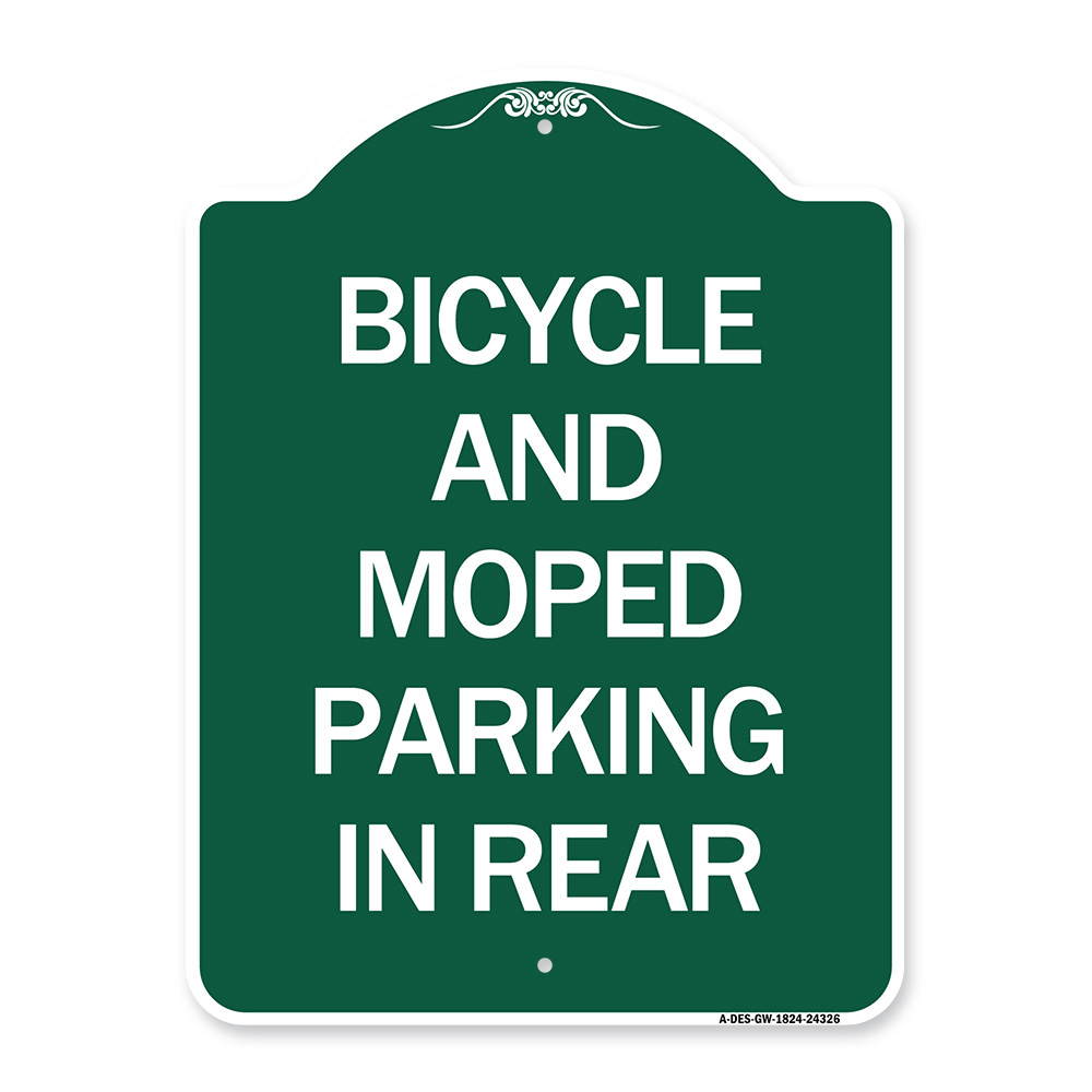 Bicycle and Moped Parking in Rear, Green & White Aluminum Sign, 18