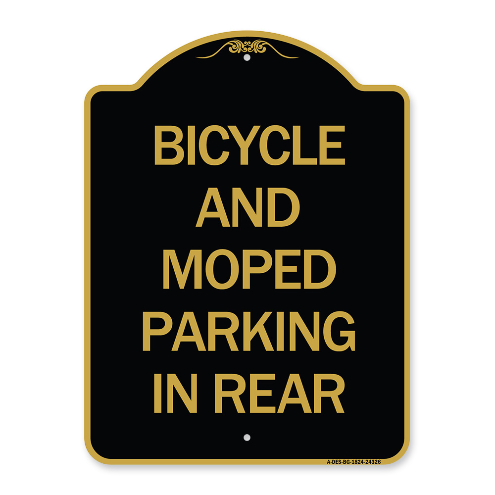 Bicycle and Moped Parking in Rear, Black & Gold Aluminum Sign, 18