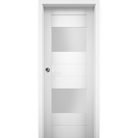 Sliding Pocket Door 28 X 80 Inches with Opaque Glass 2 Lites / Sete 6222 White Silk / Kit Rail Hardware / MDF Interior Bedroom Modern Doors