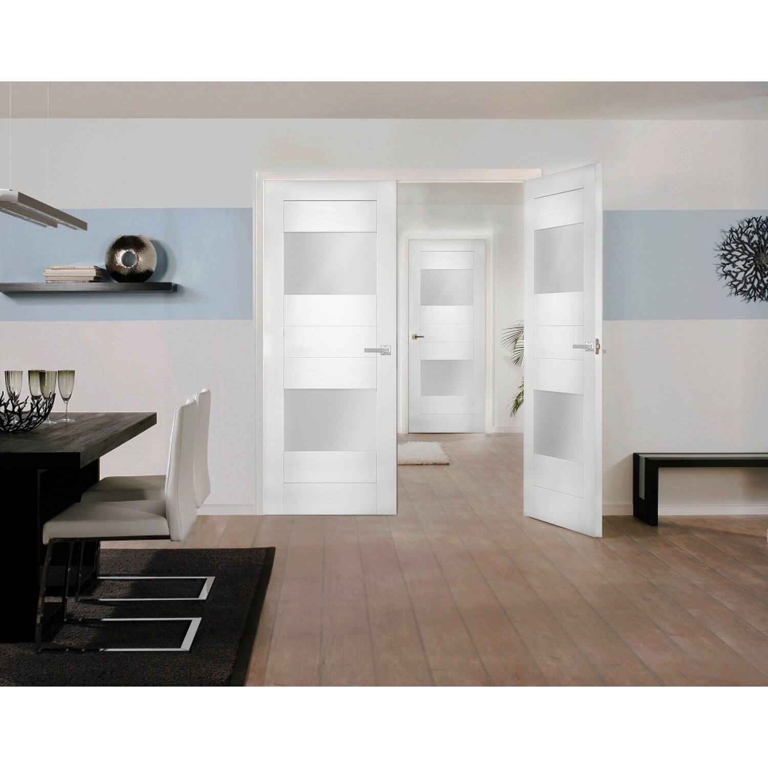Solid French Double Doors 36 X 80 Inches Opaque Glass 2 Lites / Sete 6222 White Silk / Wood Solid Panel Frame / Closet Bedroom Modern Doors thumbnail