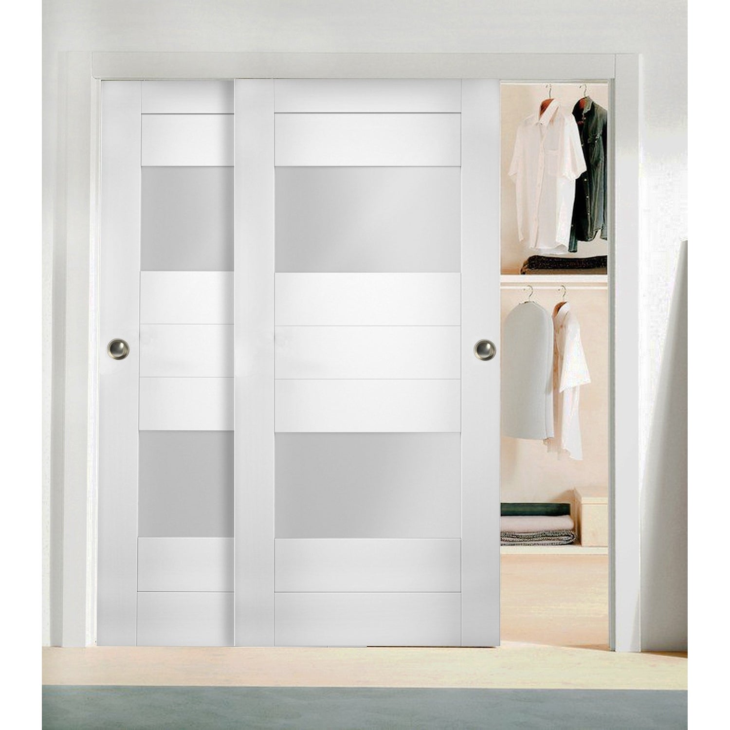Sliding Closet Opaque Glass 2 Lites Bypass Doors 72 X 96 Inches / Sete 6222 White Silk / Rails Hardware Set / Wood Solid Bedroom Wardrobe Doors thumbnail