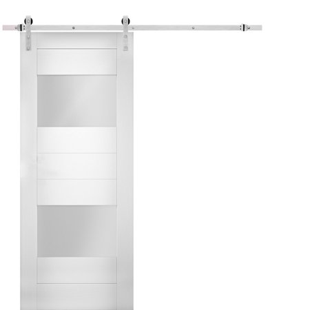Modern Barn Door 42 X 80 Inches Opaque Glass 2 Lites / Sete 6222 White Silk / Stainless Steel 8FT Rail Track Set / Solid Panel Interior Doors