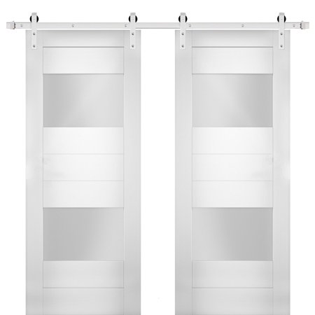 Modern Double Barn Door 84 X 80 Inches with Opaque Glass 2 Lites / Sete 6222 White Silk / Stainless Steel 14FT Rail Track Set / Solid Panel Interior D