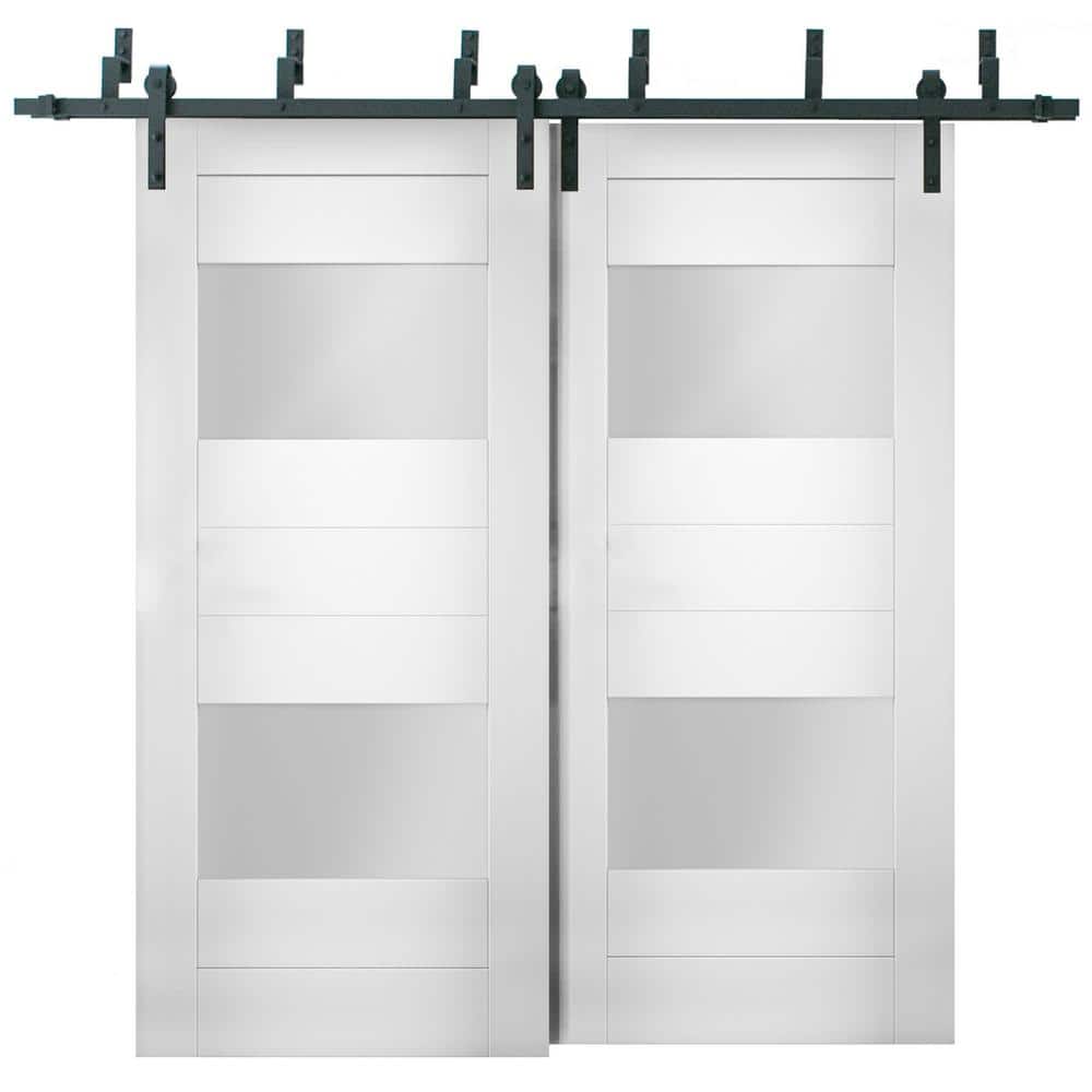 Sliding Closet Opaque Glass 2 Lites Barn Bypass Doors 48 X 80 Inches / Sete 6222 White Silk / Modern 6.6ft Rails Hardware Set / Wood Solid Bedroom War