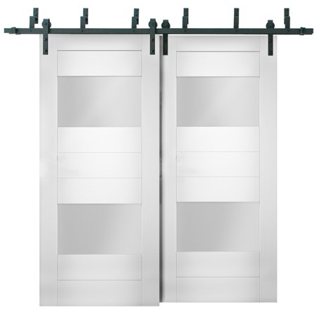Sliding Closet Opaque Glass 2 Lites Barn Bypass Doors 56 X 84 Inches / Sete 6222 White Silk / Modern 6.6ft Rails Hardware Set / Wood Solid Bedroom War