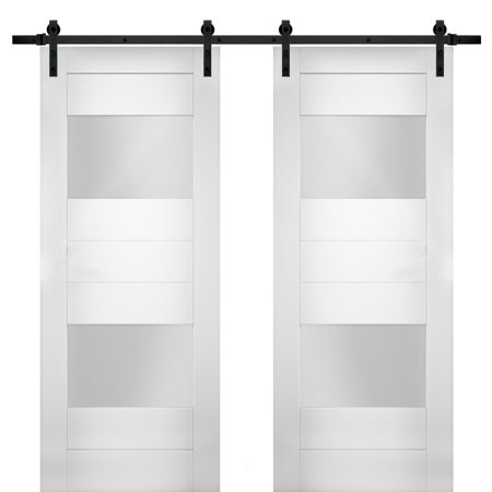 Modern Double Barn Door 72 X 84 Inches with Opaque Glass 2 Lites / Sete 6222 White Silk / 13FT Rail Track Set / Solid Panel Interior Doors