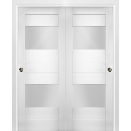 Sliding Closet Opaque Glass 2 Lites Bypass Doors 64 X 84 Inches / Sete 6222 White Silk / Rails Hardware Set / Wood Solid Bedroom Wardrobe Doors