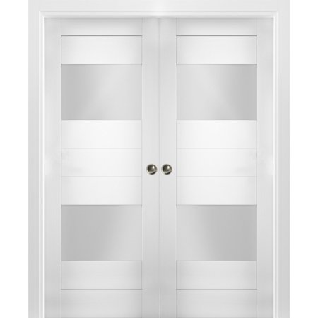 Sliding French Double Pocket Doors 72 X 96 Inches Opaque Glass 2 Lites / Sete 6222 White Silk / Kit Rail Hardware / MDF Interior Bedroom Modern Doors