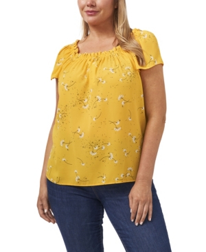 CeCe Floral Print Square Neck Top, Size 1X in Golden Hour at Nordstrom