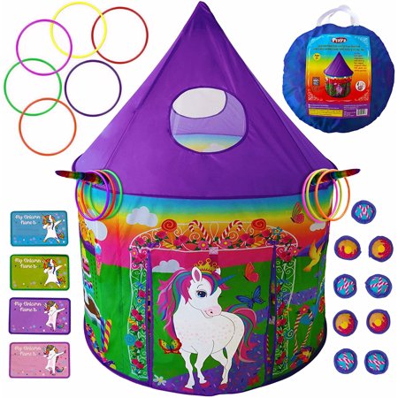 Playz Unicorn Toys Kids Play Tent for Girls with Unicorn Ring Toss, Candy Board Game, & Tic Tac Toe - Indoor & Outdoor Pop up Playhouse Set for Kids B