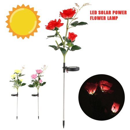3 Color Outdoor Solar Powered LED Light Deasy Water Rose Flower Stake Lamp Easy to Install for Home Garden Backyard Lawn Path Decorate
