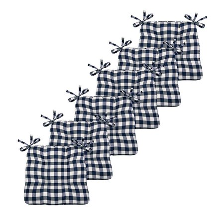 6 Pack Country Farmhouse Plush Buffalo Plaid Checkered Chair Cushion Pads with Tear Proof Ties - Navy Blue