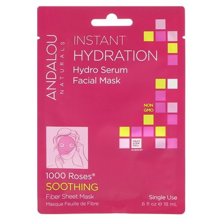 Andalou Naturals, Instant Hydration, Hydro Serum Facial Mask, 1 Single Use Fiber Sheet Mask, .6 Fl Oz (18 Ml) (Pack of 12)