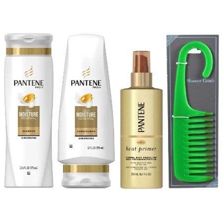 Pantene Pro-V Daily Moisture Renewal Bundle Includes Hydrating Shampoo, Conditioner, Heat Primer Mist and Shower Comb (4 Items)