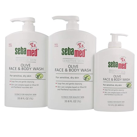 Olive Face and Body Wash with Pump for Sensitive and Delicate Skin PH 5.5 Ultra Mild Dermatologist Recommended Cleanser 33.8 Fluid Ounces (1 Liter + 4