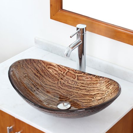 Elite Handcrafted Tree Bark Pattern Tempered Glass Bathroom Vessel Sink with Chrome Pop-up Drain and Mounting Ring - 1212+P01008C