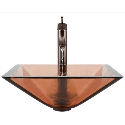MR Direct  603 Coral Colored Glass Vessel Sink, with Brushed Nickel Vessel Faucet, Sink Ring, and Vessel Pop-up Drain