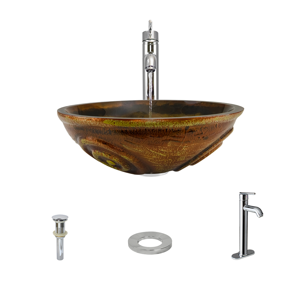 610 Painted Glass Vessel Sink, Chrome Waterfall Faucet, Sink Ring, and Vessel Pop-up Drain